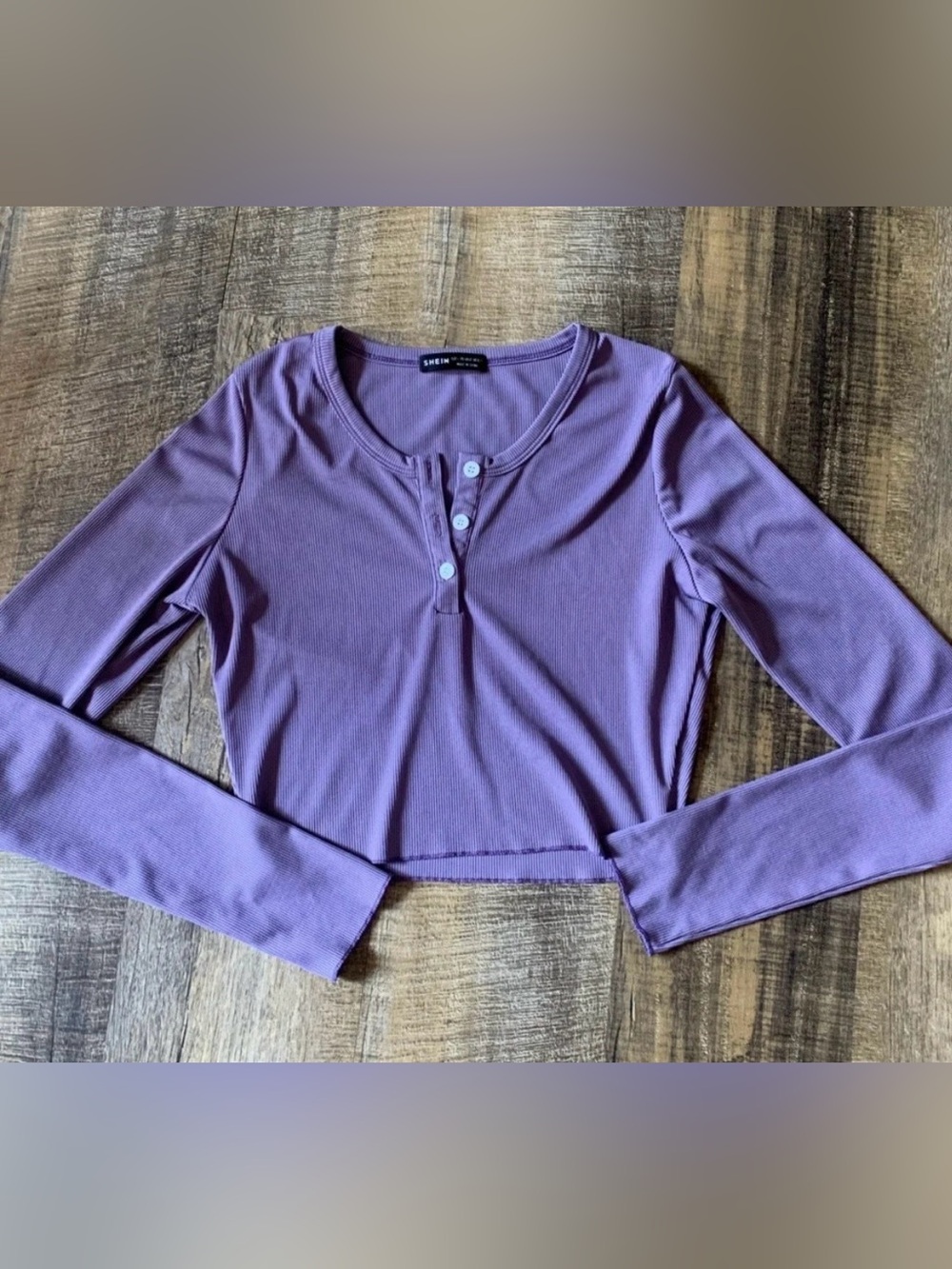SHEIN Ribbed Henley Long-Sleeve Crop Top in Purple Size Large